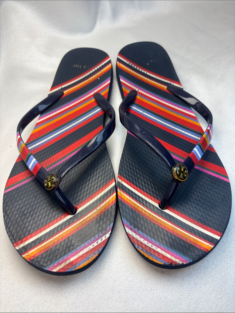 Tory Burch Navy Jelly Flip Flops with Multicolor Stripes